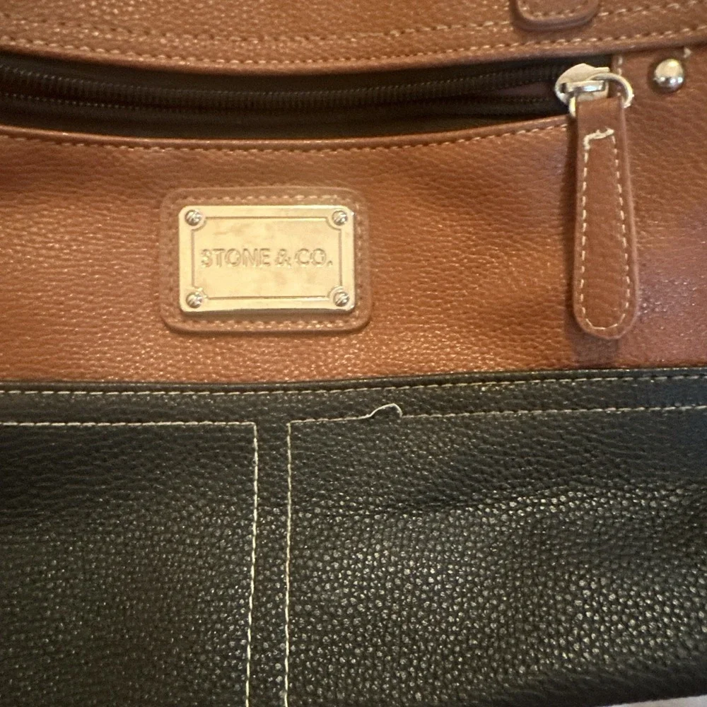 Stone & Co Medium Shoulder Bag Two Tone Brown Black Leather Hobo Purse Everyday